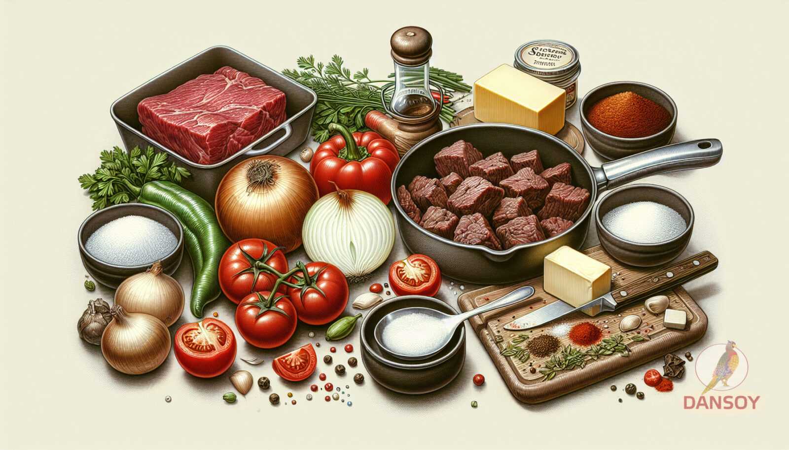 Illustration for section: 300 г яловичини1 цибулина1 болгарська перцева2 помідора1 - соуси розкривають