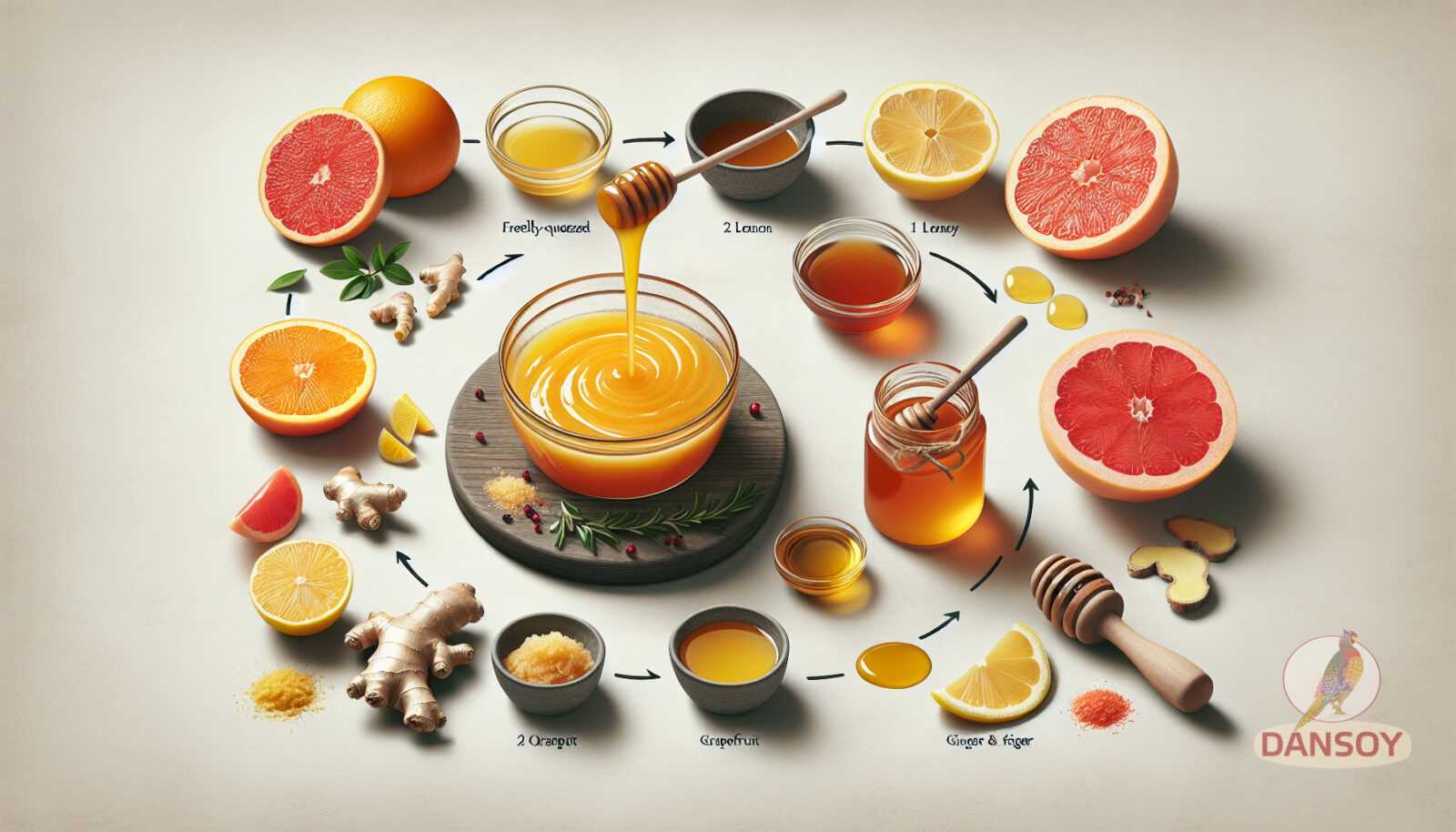 Illustration for section: Juice of 2 oranges Juice of 1 lemon Honey to taste Execution: - vitamin sauces